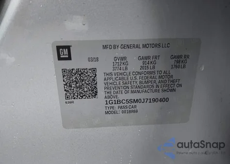 2018 Chevrolet Cruze Ls Auto из США, поврежденный, VIN 1G1BC5SM0J7190400